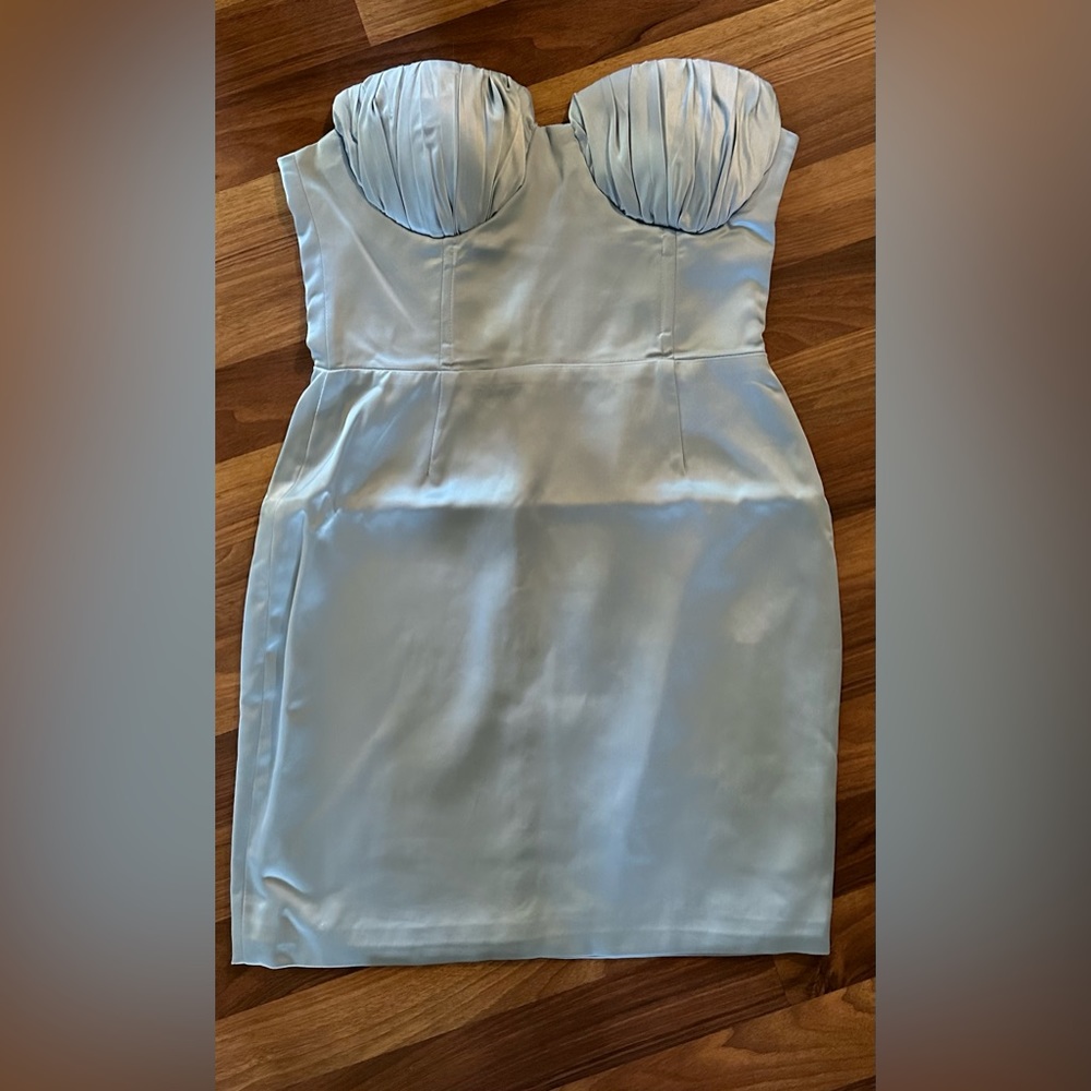 NWOT Naked Wardrobe Statement Pale Blue Strapless Satin Mini Dress Small